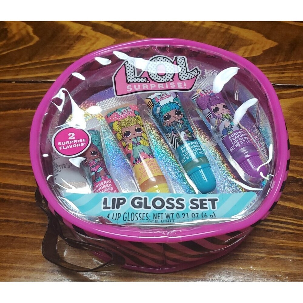 L.OL 4 Piece Surprise Flavored Lip Gloss Set Raspberry Mango &2 Surprise Flavors